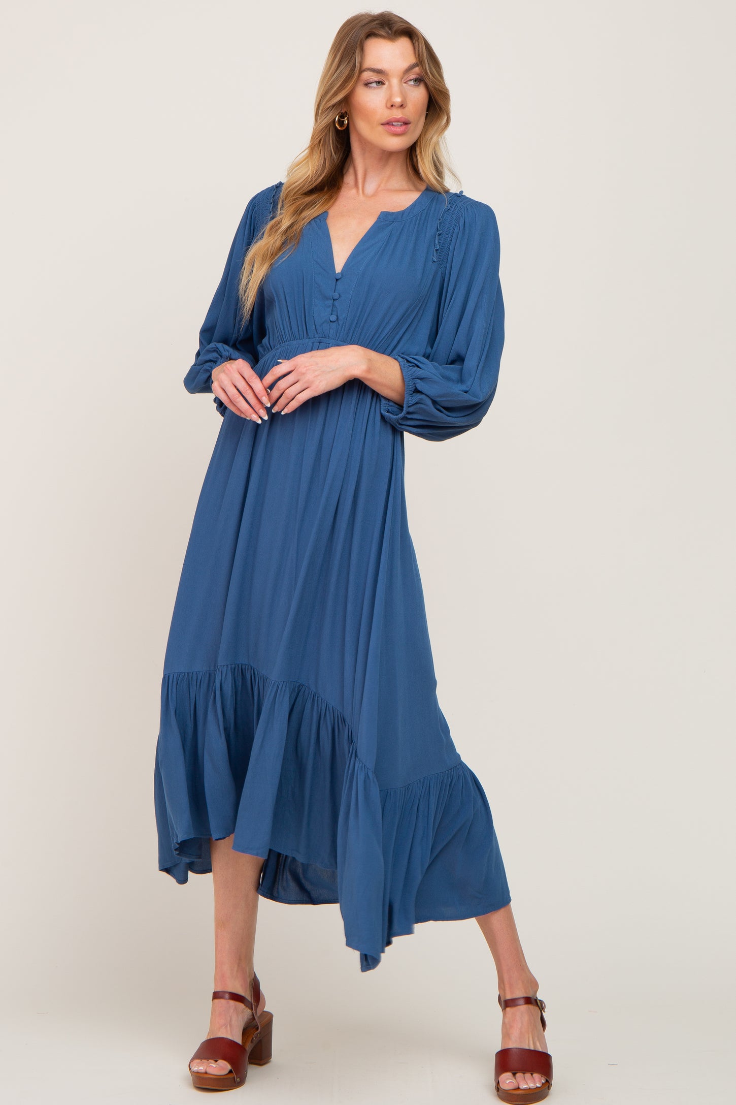 Blue Button Accent Hi-Lo Maternity Midi Dress – PinkBlush