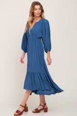 Blue Button Accent Hi-Lo Midi Dress