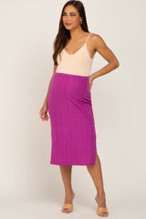 Magenta Soft Knit Ribbed Side Slit Maternity Midi Skirt