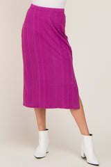 Magenta Soft Knit Ribbed Side Slit Midi Skirt