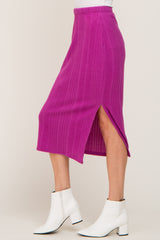 Magenta Soft Knit Ribbed Side Slit Midi Skirt