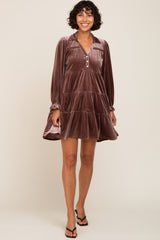 Brown Velvet Long Sleeve Tiered Collared Dress