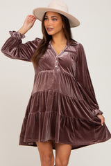 Brown Velvet Long Sleeve Tiered Collared Maternity Dress