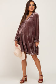 Brown Velvet Long Sleeve Tiered Collared Maternity Dress