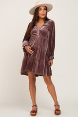 Brown Velvet Long Sleeve Tiered Collared Maternity Dress