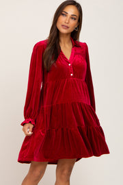 Red Velvet Long Sleeve Tiered Collared Maternity Dress