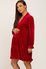 Red Velvet Long Sleeve Tiered Collared Maternity Dress