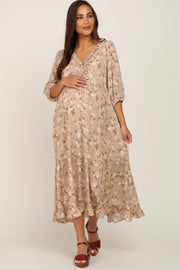 Taupe Floral Ruffle Button Front Maternity Midi Dress