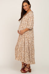 Taupe Floral Ruffle Button Front Maternity Midi Dress