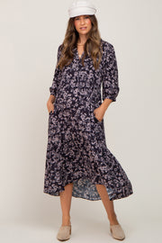 Charcoal Floral Collared Maternity Midi Dress