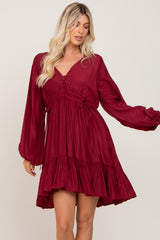 Burgundy V-Neck Cinched Maternity Dress