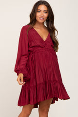 Burgundy V-Neck Cinched Maternity Dress