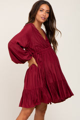 Burgundy V-Neck Cinched Maternity Dress