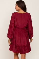 Burgundy V-Neck Cinched Maternity Dress