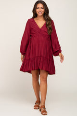 Burgundy V-Neck Cinched Maternity Dress