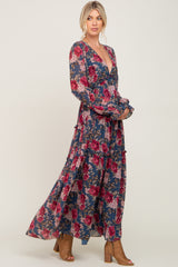 Navy Floral Chiffon Ruffle Tiered Maxi Dress