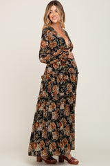 Black Floral Chiffon Ruffle Tiered Maternity Maxi Dress