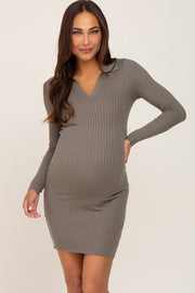 Olive Ribbed Collared Long Sleeve Maternity Dress