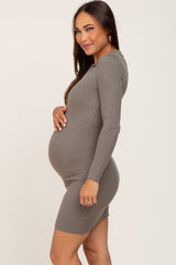 Olive Ribbed Collared Long Sleeve Maternity Dress