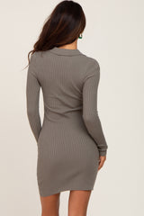 Olive Ribbed Collared Long Sleeve Dress