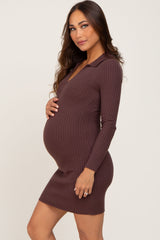 Brown Ribbed Collared Long Sleeve Maternity Dress