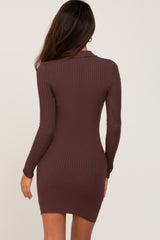 Brown Ribbed Collared Long Sleeve Dress