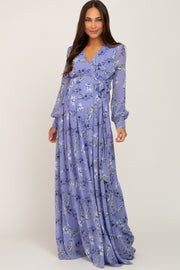 Periwinkle Floral Chiffon Long Sleeve Pleated Maternity Maxi Dress