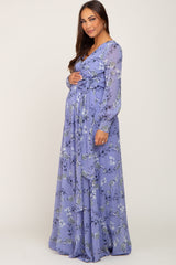 Periwinkle Floral Chiffon Long Sleeve Pleated Maternity Maxi Dress