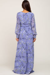 Periwinkle Floral Chiffon Long Sleeve Pleated Maternity Maxi Dress