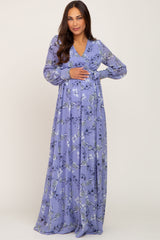 Periwinkle Floral Chiffon Long Sleeve Pleated Maternity Maxi Dress