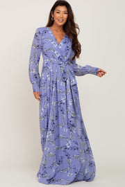 Periwinkle Floral Chiffon Long Sleeve Pleated Maxi Dress