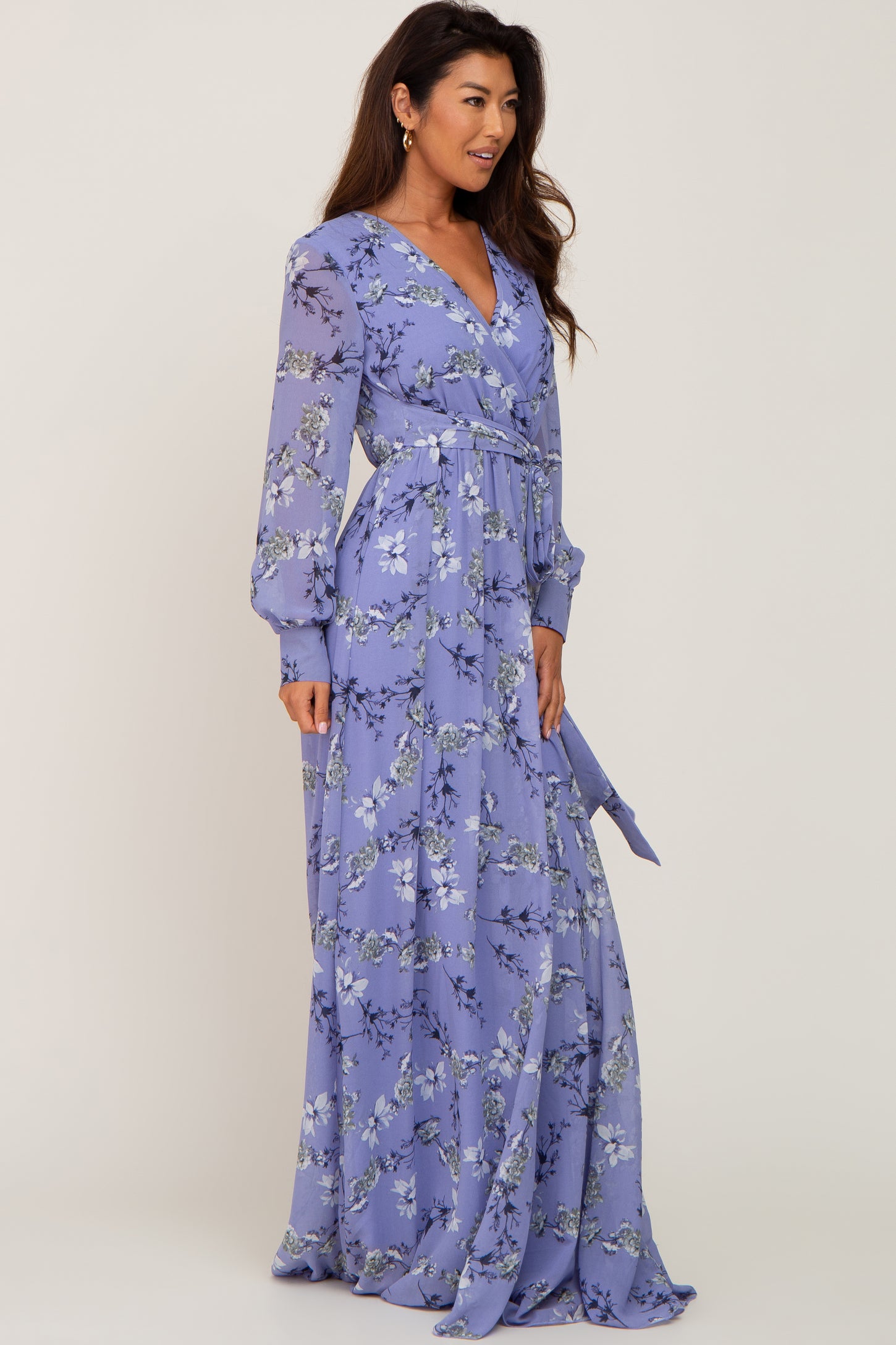 Periwinkle Floral Chiffon Long Sleeve Pleated Maxi Dress– PinkBlush