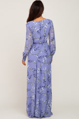 Periwinkle Floral Chiffon Long Sleeve Pleated Maxi Dress