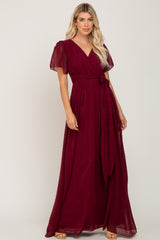 Burgundy Swiss Dot Chiffon Maternity Maxi Dress