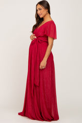 Red Metallic Shimmer Chiffon Maternity Maxi Dress