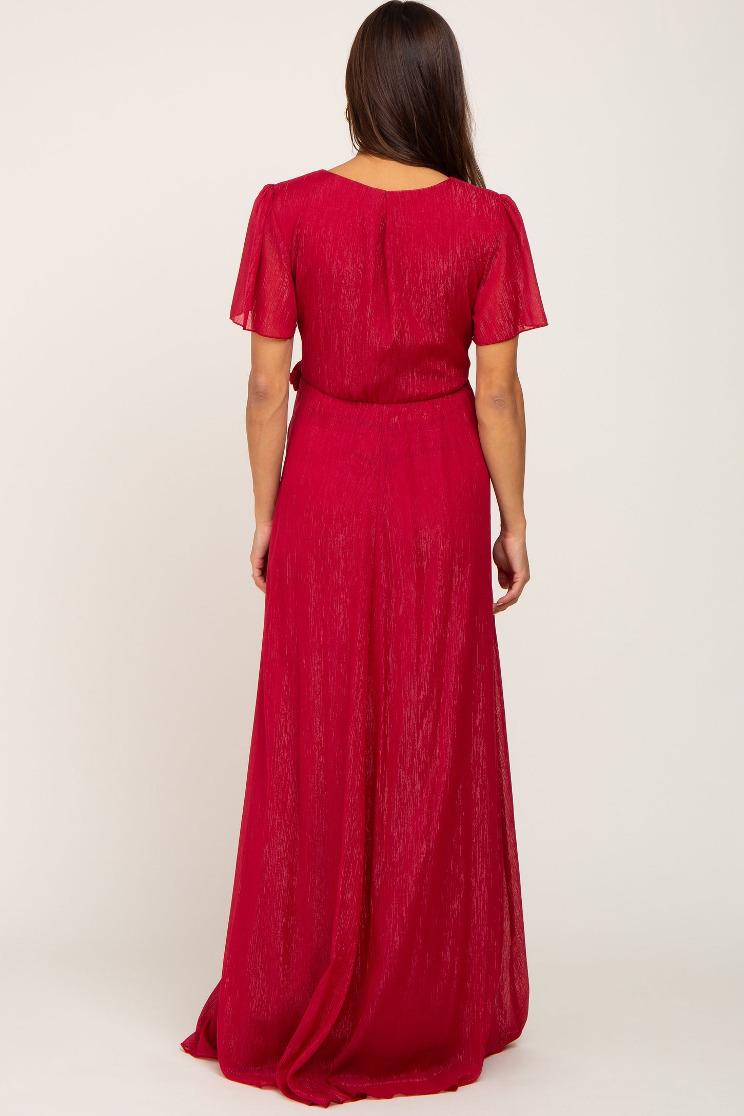 Red Metallic Shimmer Chiffon Maternity Maxi Dress– PinkBlush