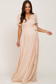 Cream Metallic Shimmer Chiffon Maternity Maxi Dress