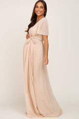 Cream Metallic Shimmer Chiffon Maternity Maxi Dress