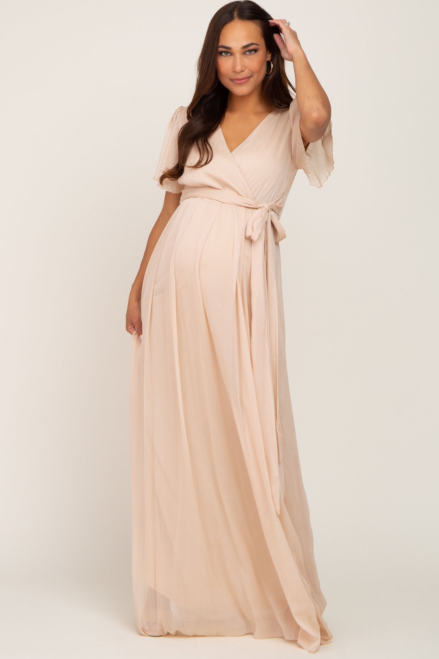 Cream Floral Shimmer Lace-Up Maternity Maxi Dress– PinkBlush