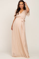 Cream Metallic Shimmer Chiffon Maternity Maxi Dress