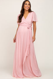 Light Pink Metallic Shimmer Chiffon Maternity Maxi Dress