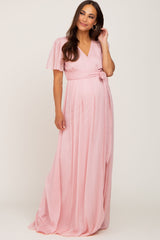 Light Pink Metallic Shimmer Chiffon Maternity Maxi Dress