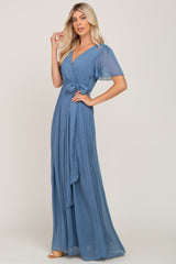 Blue Metallic Shimmer Chiffon Maxi Dress