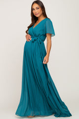 Teal Metallic Shimmer Chiffon Maternity Maxi Dress