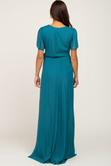 Teal Metallic Shimmer Chiffon Maternity Maxi Dress