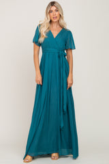 Teal Metallic Shimmer Chiffon Maxi Dress