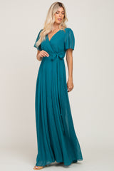 Teal Metallic Shimmer Chiffon Maxi Dress