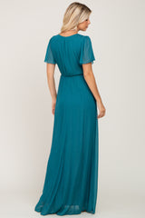 Teal Metallic Shimmer Chiffon Maxi Dress