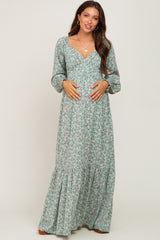 Mint Green Floral Long Sleeve Maternity Maxi Dress