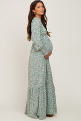 Mint Green Floral Long Sleeve Maternity Maxi Dress